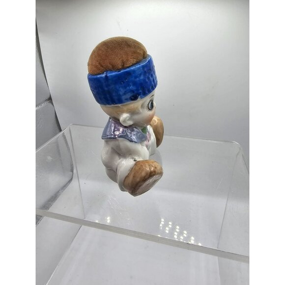 Vintage Porcelain Ceramic Big Eyed Boy Looking Surprised Pin Cushion Needle Hold - Picture 7 of 9